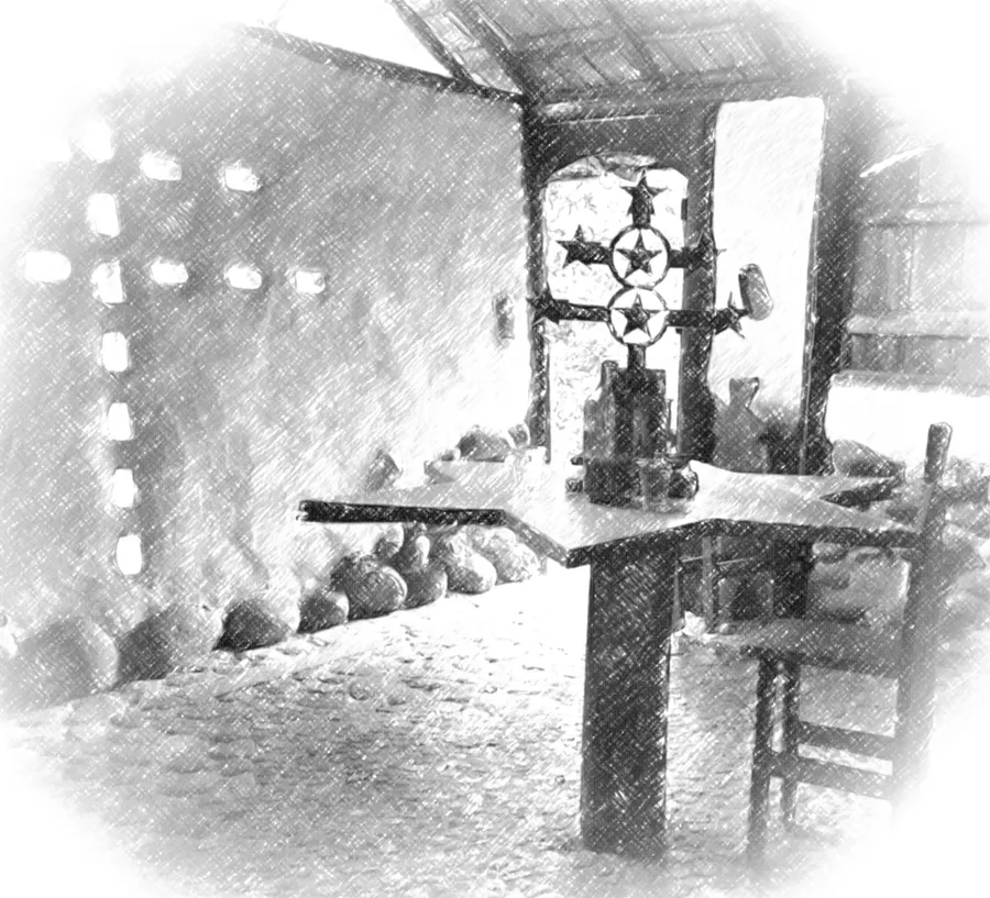 A drawing of a plain room: a table at its centre carrying a double-barred cross with stars at the ends of its arms, vessels set around it, a wooden chair alongside, and clay jugs ranged along the wall.