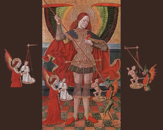 A painted panel of the archangel Michael in armour, holding a set of scales in which two small souls are weighed.