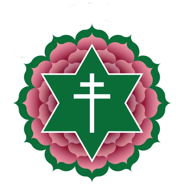 A green six-pointed star set on an open pink flower, with a white double-barred cross standing at its centre.