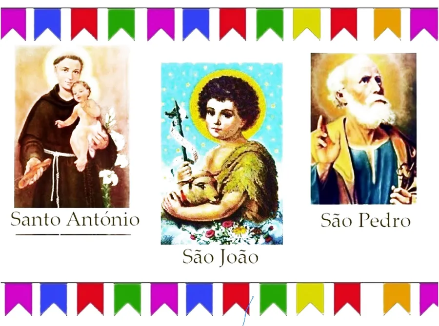 Three devotional prints of Saint Anthony, Saint John and Saint Peter side by side, hung with rows of coloured festival bunting.