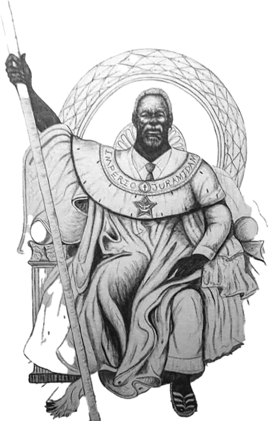 Illustrated devotional depiction of Mestre Irineu, holding a staff