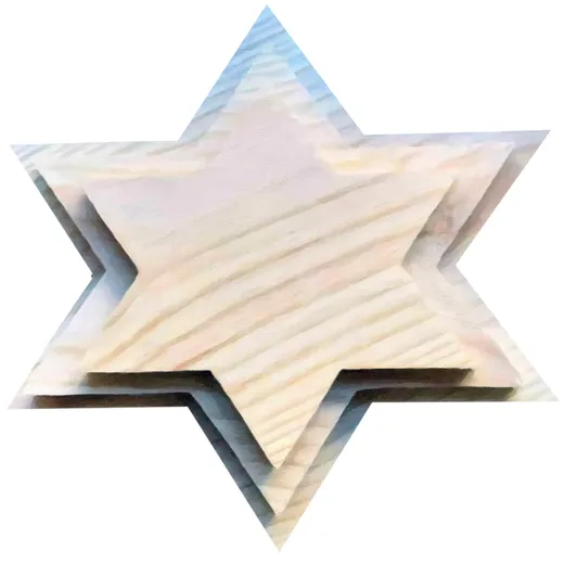 A six-pointed star cut from pale wood, its two triangles layered one over the other.