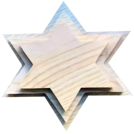 A six-pointed star cut from pale wood, its two triangles layered one over the other.